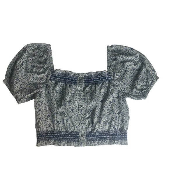 Madewell Jeannette Top Blue Floral Puff Sleeve Cropped Back Buttons XS New WOT - Picture 3 of 10